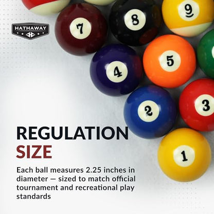 Hathaway Regulation Pool Balls Billiard Set of 16 - Standard Pool Table Accessories with 7 Striped, 7 Solid-Colored, a Black 8-Ball, and a White Cue Ball