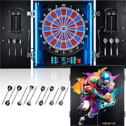 Electronic Dartboard Cabinet Set for Adults, 8-Color Player Tracking| Advanced Digital Scoring, 12*Bronze Soft Tip Darts, Cricket Game Mode - color: Football 01