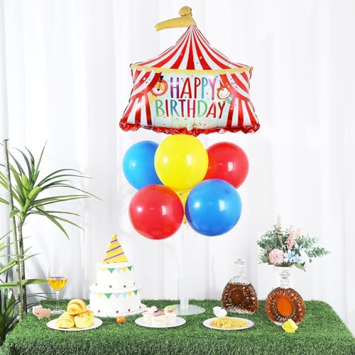 Carnival Circus Birthday Party Balloons Stand Kit 2 Sets with 2 Circus Tent Popcorn Foil Balloons Plim Themed Red Blue Yellow Balloon Centerpiece for Tables for Carnival Birthday Party Decorations - style: Carnival Circus
