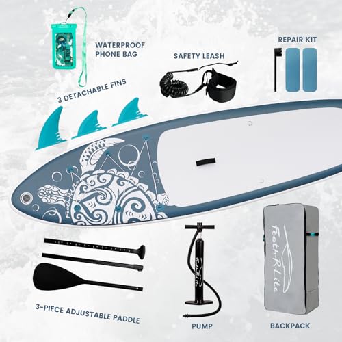 FEATH-R-LITE Inflatable Paddle Board Stand Up Paddleboards for Adults SUP with Premium Accessories Pump, Adjustable Paddle, Leash, Three Fins, Backpack - style: Gray