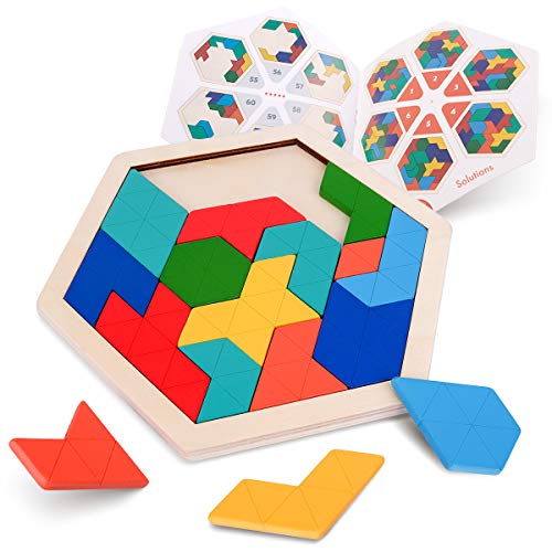 Vanmor Wooden Tangram Puzzle Brain Teaser for Kids Ages 3-8 & Adults, Shape Pattern Block Geometric Logic IQ Game with 60 Challenges, Montessori STEM Educational Gift Toy - color: Hexagon