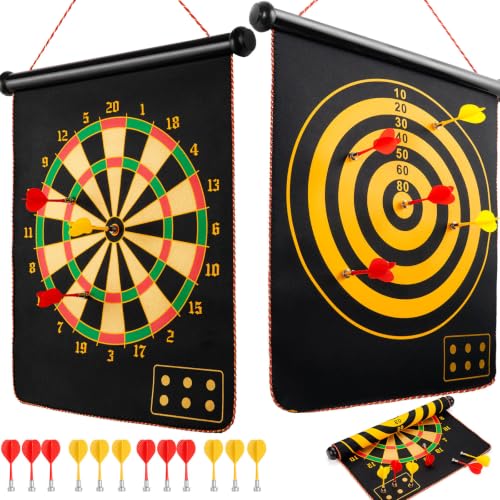 Magnetic Dart Board for Kids, Teens, Adults, Double-Sided Roll-Up Dart Board Games for Kids Age 3-18 with 12 Magnetic Darts, Indoor Outdoor Boys Toys for Backyard, Gifts for Teen Boys - color: Black+Yellow