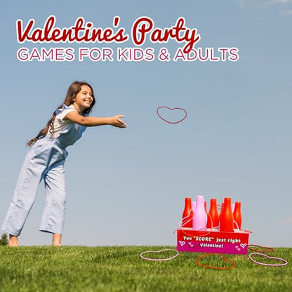 Valentine Bottle Ring Toss Game for Kids Party Activity, Indoor/Outdoor Backyard Yard Carnival Game, Classroom Valentine's Party Games for Kids and Adults Party Supplies by 4E's Novelty, Red, Pink