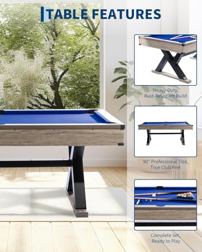 7 FT Professional Billiard Table for Home & Game Room, K-Leg Pool Table with Complete Accessories Set (2 Cues, 16 Balls, 2 Chalks, Triangle, Brush), Rustic Grey Finish, 84 x 46 x 32 Inch - color: blue