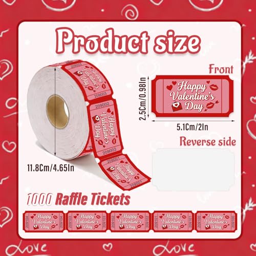 1000 Pcs Valentine Raffle Tickets Roll Red Romantic Heart Carnival Raffle Tickets with Unique Numbered Games Door Drink Prizes Tickets for Events Wedding Anniversary Party Favors Supplies - color: Valentine Raffle Tickets-red