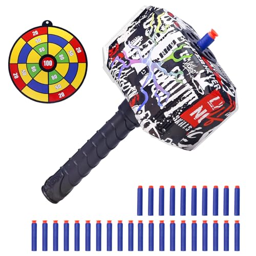 Dart Blasting Hammer Toys with Lights | Kids Roleplay Toy Thunder Mjolnir Shooting Games for Kids, Birthday Gift, Party Favors Includes 30 Darts 1 Target(Colorful)