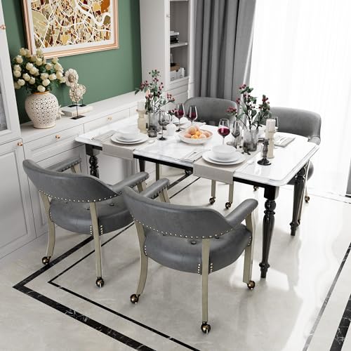 Set of 4 Dining Chair with Casters, Accent Captains Chairs with Wheels & Arms,Wheeled Roller Wood Chairs for Kitchen & Game Poker Table,Grey 1318GY(NO Table!) - color: Antique Grey&gray