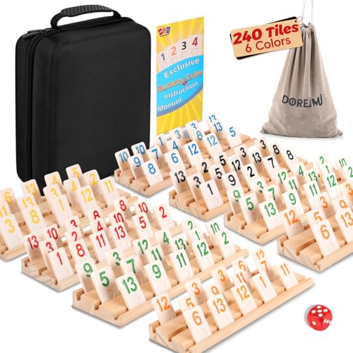 Doreimi Non-Transparent Rummy Cube Game Set 6-8 Players, 240 Tiles with 8 Wooden Racks, Dual Storage Travel Rummy Tile Set with Carrying Case & Drawstring Bag, Family Board Game Gift for Adults Kids
