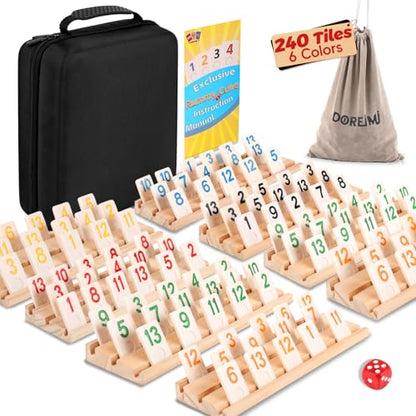 Doreimi Non-Transparent Rummy Cube Game Set 6-8 Players, 240 Tiles with 8 Wooden Racks, Dual Storage Travel Rummy Tile Set with Carrying Case & Drawstring Bag, Family Board Game Gift for Adults Kids
