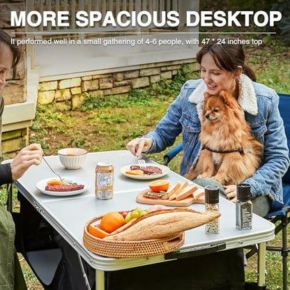 EVER ADVANCED Folding Camping Table with Storage, 4 ft * 2 ft Aluminum Composite Desktop & Adjustable Legs, Outdoor Kitchen Table for Tailgating, Backyard, BBQ and Picnic