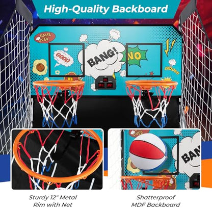 GYMAX Arcade Basketball Game Indoor Foldable with 8 Game Modes, Arcade Sound, 4 Balls and Inflation Pump, Electronic Basketball Games for Home - color: Green