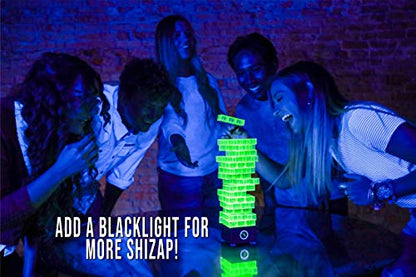 ShiZap! - Electric Shock Stacking Block Game, Plastic Tumble Tower Blocks, Shocking Tweezers, LED Base That Plays Suspenseful Music, Family Fun Party Games for Teenage Boys, Girls, Adults