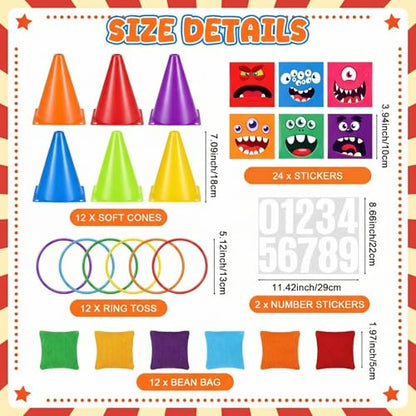 RoundFunny 12set 3 in 1 Monsters Ring Toss Game Set, Carnival Game Kit with Cones, Rings, Bean Bags & Storage Bag, Includes for DIY Toss Games, Birthday Party, Easter, Carnival - style: Monster