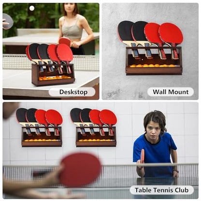 Ping Pong Paddle Holder, Ping Pong Paddle Storage Rack Hold 8 Rackets, 2-in-1 Wall Mount & Countertop Table Tennis Holder for Garage, Game Room, Bar and Men Cave - color: Brown