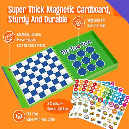 2 in 1 Checkers Set, Magnetic Game Board -Checkers & Tic-Tac-Toe, Thick Foam Checker Road Travel Game with 59 Reward Stickers for Young Kids Aged 3+