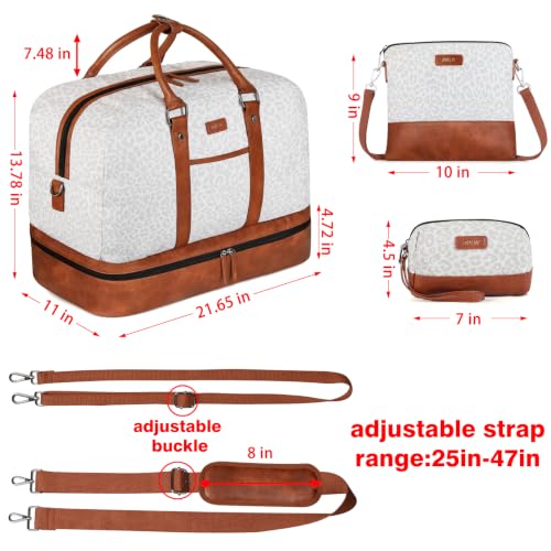 Weekender Bag for Women, Large Overnight Bag Canvas Travel Duffel Bag Carry On Tote with Shoe Compartment 21" 3Pcs Set - color: A07-brown+gray leopard