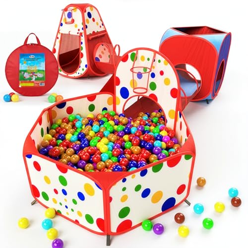 Playz 5-Piece Kids Play Tents Crawl Tunnels and Ball Pit Popup Bounce Playhouse Tent with Basketball Hoop for Indoor and Outdoor Use with Red Carrying Case - color: Red