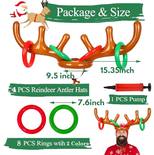 4 Pack Inflatable Reindeer Antler Ring Toss Game (4 Antlers 16 Rings 1 Pump) Reindeer Antler Hat Ring Toss for Xmas Party Great Christmas Games for Families