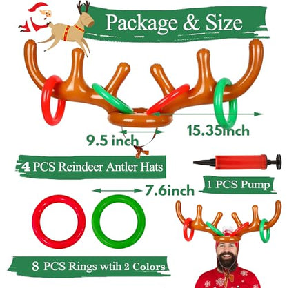 4 Pack Inflatable Reindeer Antler Ring Toss Game (4 Antlers 16 Rings 1 Pump) Reindeer Antler Hat Ring Toss for Xmas Party Great Christmas Games for Families