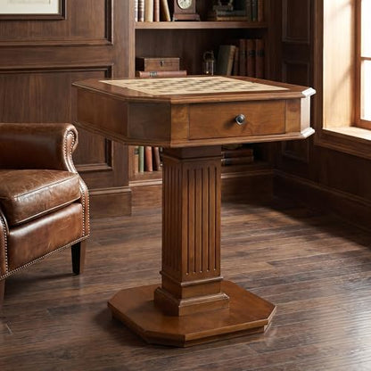 Walnut Finish Chess Game Table with Fluted Square Pedestal | Hidden Storage Drawer, Reversible Tabletop, Chess & Backgammon Game Board, Sturdy Elegant Base, Side Table - size: 28''-Chess Table Walnut + Fluted Square Pedestal