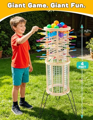 Outdoor Games Wooden Classic Giant Tower, 4FT Yard Game with 36 Balls and 42 Sticks, Dice Game for 2-6 Players, Kids and Adults, Party Game for Outdoor and Indoor, Ideal Gift for Boys and Girls