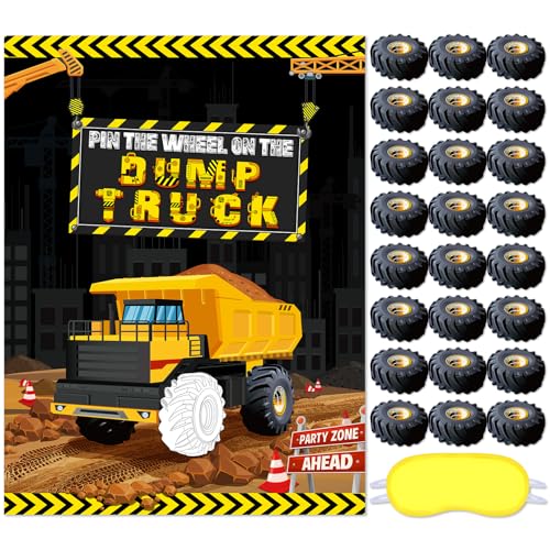 Faccito Construction Party Game Construction Birthday Party Supplies Pin The Wheel on The Dump Truck Game Construct Theme Poster with 24 Pcs Stickers for Decoration Supplies - style: Construction
