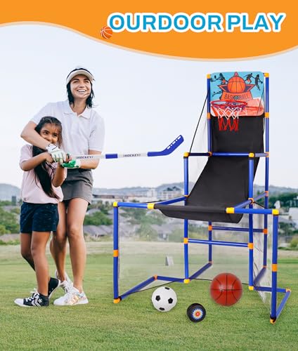 Surpop Kids Basketball Hoop Arcade Game with 4 Balls and Infrared Scoring Indicator, Basketball Football Hockey 3-in-1 - Toy Sports Game for Kids 3+