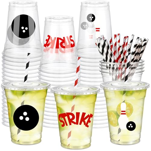 Newtay 60 Pcs Bowling Cups Bulk 12oz Bowling Themed Plastic Cups with Lids Straws Sport Party Favors for Birthday Baby Shower Decorations - style: Bowling