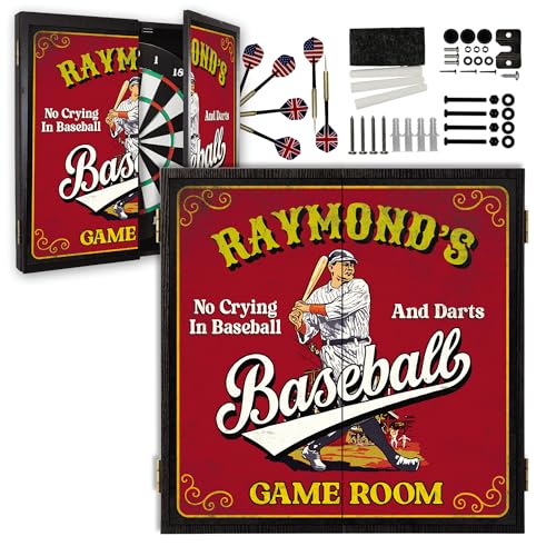 Personalized Dart Board Cabinet Set with 6 Steel Tip Darts, Paper Dartboard, Chalk & Eraser (21.5 x 21.5 x 2.75) - Man Cave Dart Boards for Adults - style: Baseball