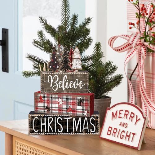 DIYDEC 4Pcs Christmas Table Decoration Christmas Tree Wooden Block Sign Xmas Tiered Tray Decor Winter Centerpiece Decorative Sign for Holiday Tabletop Coffee Fireplace Shelf Desk Party Decor - style: Black Tree