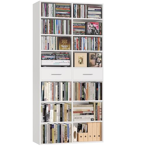HOSTACK 73" Tall Bookshelf with Drawers, 7-Tier White Bookshelf with Storage, Double Wide Bookcase with 14 Open Book Shelves, Wood Book Case with Adjustable Shelves for Media CD DVD Storage, White - color: White