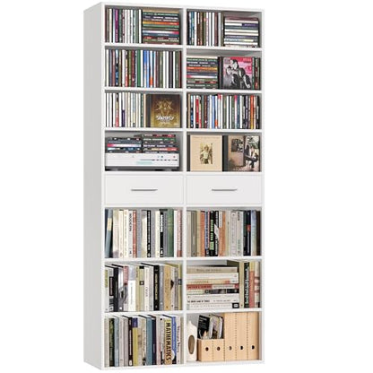 HOSTACK 73" Tall Bookshelf with Drawers, 7-Tier White Bookshelf with Storage, Double Wide Bookcase with 14 Open Book Shelves, Wood Book Case with Adjustable Shelves for Media CD DVD Storage, White - color: White