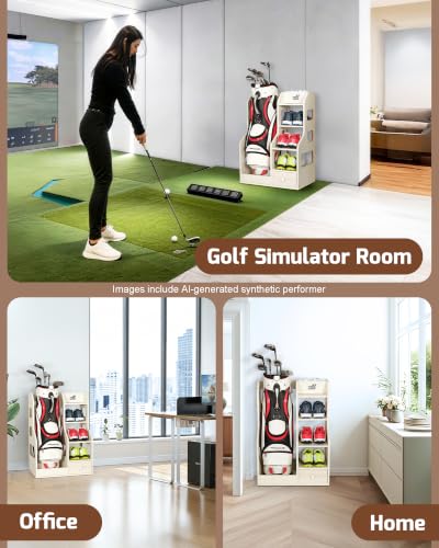 Mythinglogic Wooden Golf Bag Storage Rack, Golf Organizer with Shoe Shelves, Ball Holder & Drawer, MDF Golf Equipment Storage Cabinet for Home, Garage or Simulator Room - size: 1 golf bag rack-White