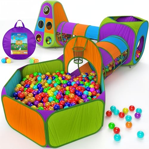 Playz 5-Piece Kids Pop up Play Tent Crawl Tunnel and Ball Pit with Basketball Hoop Playhouse for Boys, Girls, Babies, and Toddlers (Purple, Orange, Yellow, Red, Blue) - color: Purple, Yellow, Red, Blue, White