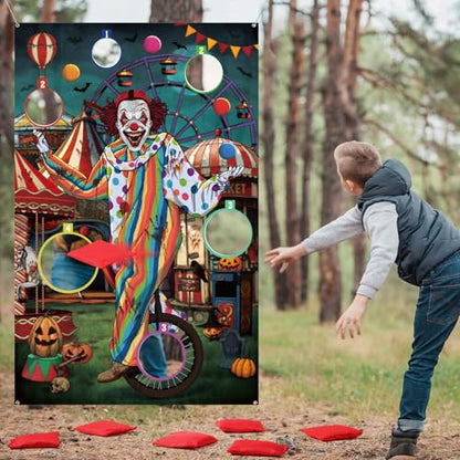 WovWeave Halloween Toss Game Banner with 3 Bean Bags Scary Clown Toss Banner Halloween Carnival Party Throwing Game for Kids Adults Trick or Teat Circus Party Favors Supplies
