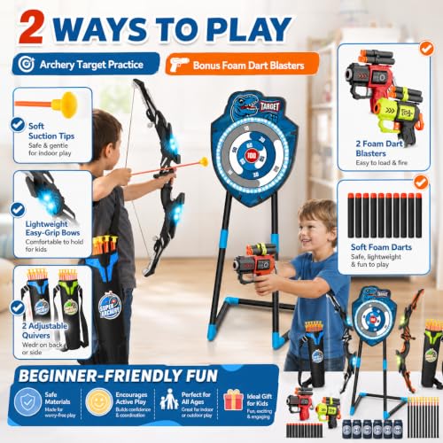 VROGTIK 2 Pack Kids LED Bow and Arrow Set with Standing Target, 20 Suction Cup Arrows, 2 Quivers & Foam Dart Toys, Indoor Outdoor Archery Toy Gift for Boys Girls Ages 3-12 - color: Blue/Green