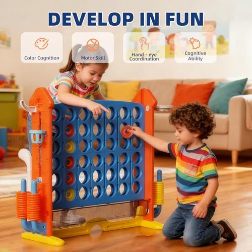 Giant Connect Game - Jumbo 4-to-Score Giant Set | 42 Jumbo Rings Row Board Game 4 Connect with Basketball Hoop, Perfect for Kids, Family and Party Floor Games