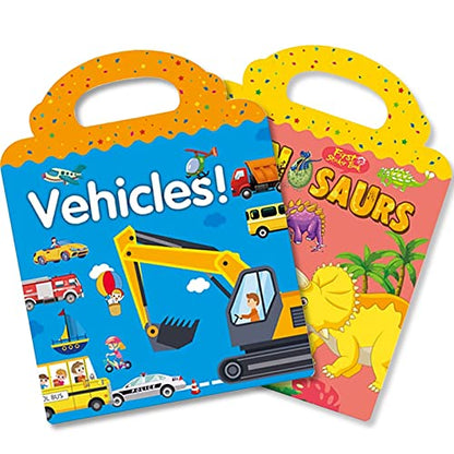 RUSON Reusable Sticker Book for Kids, 2 Sets Educational Learning Toys Travel Stickers Activity Books for Toddler Girls Boys Age 3+ Birthday Gifts - Vehicle & Dinosaur - style: Vehicle + Dinosaur