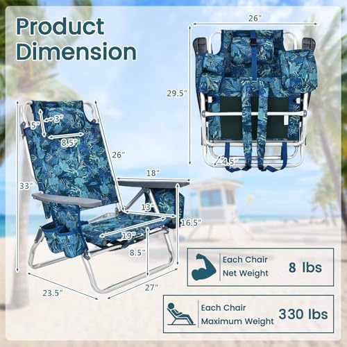 Tangkula Set of 4 Backpack Beach Chair, 5-Position Lay Flat Beach Chairs with Cooler Bag, 2 Cup Holders, Towel Bar, Lightweight Low Folding Beach Chair with Backpack Straps, Navy - color: Navy, style: 4 Pack