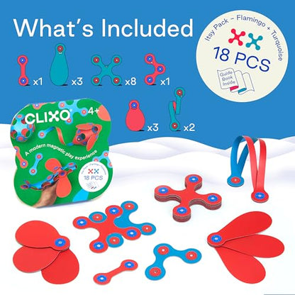 Clixo Itsy Magnetic Toy for Kids - Flexible, Durable, Imagination-Boosting Magnet Building Toy. Educational Multi-Sensory STEM Experience. Great as a Travel Game. Ages 4-99. 18 Piece Pack - color: Flamingo / Turquoise