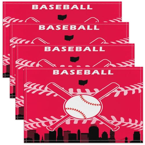 Erosebridal Baseball Placemats Set of 4 for Boys,Kids Softball Place Mats 12x18 inch,Red Black Baseball Player Table Mats,Sports Game Meal Mats for Dining Table - color: Cincinnati