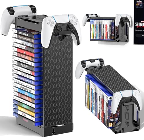 Video Game Storage Tower Holder with Controller Stand, Wall Mount Game Organizers and Storage for Nintendo Switch 2/ PS5/4/ XboxOne/Series, Vertical & Horizontal Stand for 20 Gaming Discs Accessories - size: 1-Tier