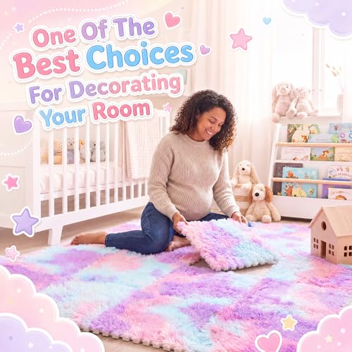 16 Pcs Blue Purple Faux Fur Floor Tiles, 11.8 x 11.8 in Puzzle Girls Play Soft Tiles, 1.5 Inch Shaggy Square, EVA Foam Floor Mat for Nursery, Playroom, Bedroom, Toddler Room, Daycare - color: Blue Purple