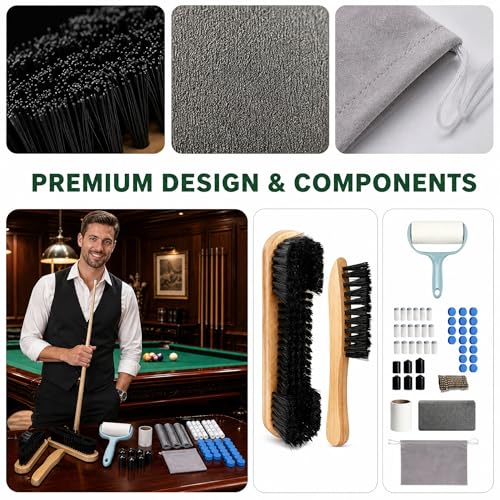 10 Piece Pool Table Cleaning Kit Professional Billiard Felt Cleaner Rail Brush Set with Wooden Brushes Cue Cloths Ferrule Polish Cloths and Sticky Lint Roller for Table Care