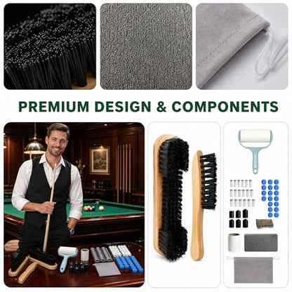 10 Piece Pool Table Cleaning Kit Professional Billiard Felt Cleaner Rail Brush Set with Wooden Brushes Cue Cloths Ferrule Polish Cloths and Sticky Lint Roller for Table Care