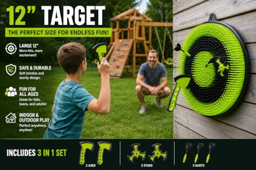 Leeray 3-in-1 Bristle Target Board Game – Axe Throwing Game for Backyard with Throwing Axes, Soft Tip Darts, and Ninja Stars – Safe Outdoor Games & Kids Toys for Ages 6+
