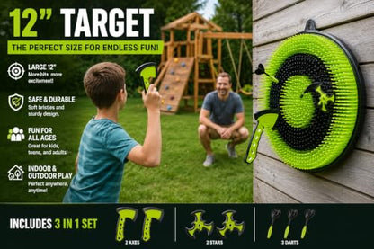Leeray 3-in-1 Bristle Target Board Game – Axe Throwing Game for Backyard with Throwing Axes, Soft Tip Darts, and Ninja Stars – Safe Outdoor Games & Kids Toys for Ages 6+