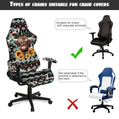 Highland Cow Print Gaming Chair Cover with Armrest Covers Aztec Sunflower Print Computer Chair Seat Slipcovers Universal Fit for Desk/Swivel/Rotating Chairs Protector - color: Multi - Highland Cow Aztec Sunflower