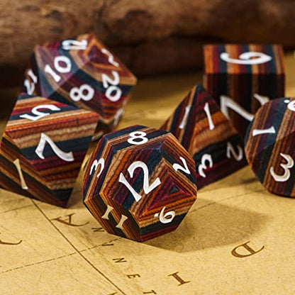 DND Dice Set 7PCS Wood Polyhedral Dice Set D&D with Metal Box for RPG Role Playing Tabletop Games (Yellow Striped) - color: Yellow Striped