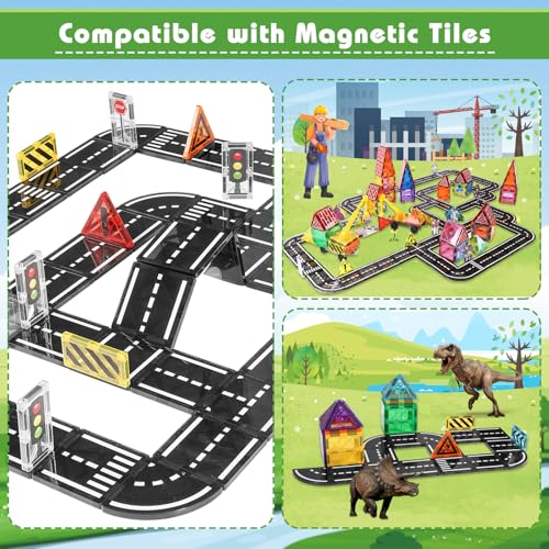 Magnetic Tiles Road Expansion Pack 48 PCS, Magnet Road Tiles for Kids Ages 3-5 4-8 5-7, Expansion Magnetic Building Blocks Educational STEM Creativity Toys 3+ Year Old Boys & Girls Toddlers Kids Gifts